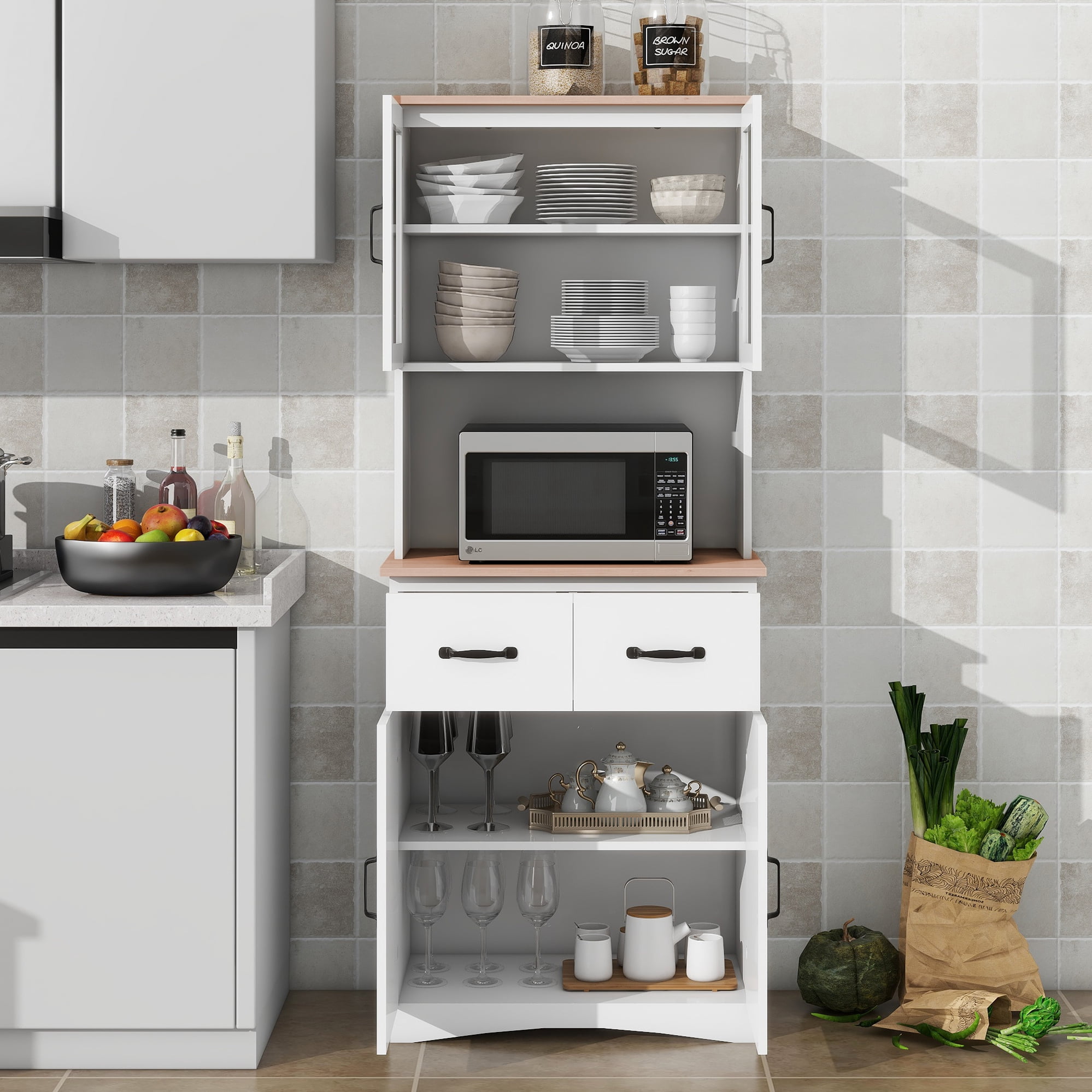Noble House 66.9" Kitchen Pantry Cabinet with Drawers and Microwave Stand, White