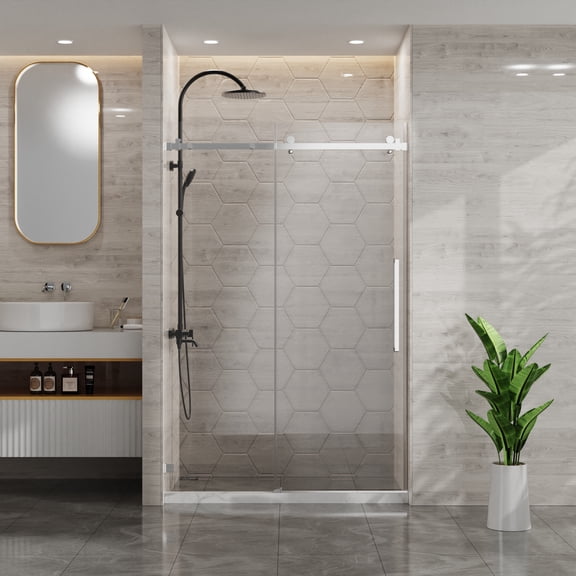 44-48"W x 72"H Frameless Sliding Door, 1/4"(6mm) Glass, Chrome, Adjustable, Leak-Proof