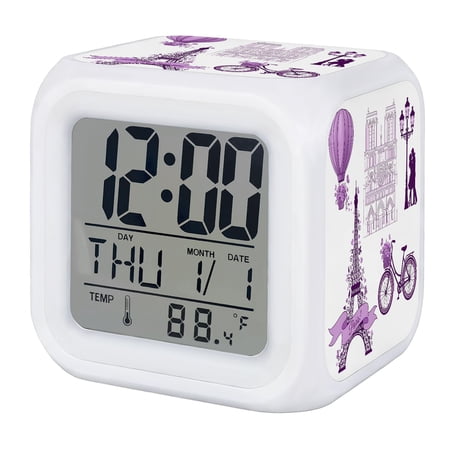 Romantic Eiffel Tower Digital Alarm Clock for Bedrooms,Smart LED Alarm Clock with 7 Color Changing Night Light,Couple Purple Vintage Floral Bicycle Silent Wake Up Clocks for Sleep Study 3.2x3.2