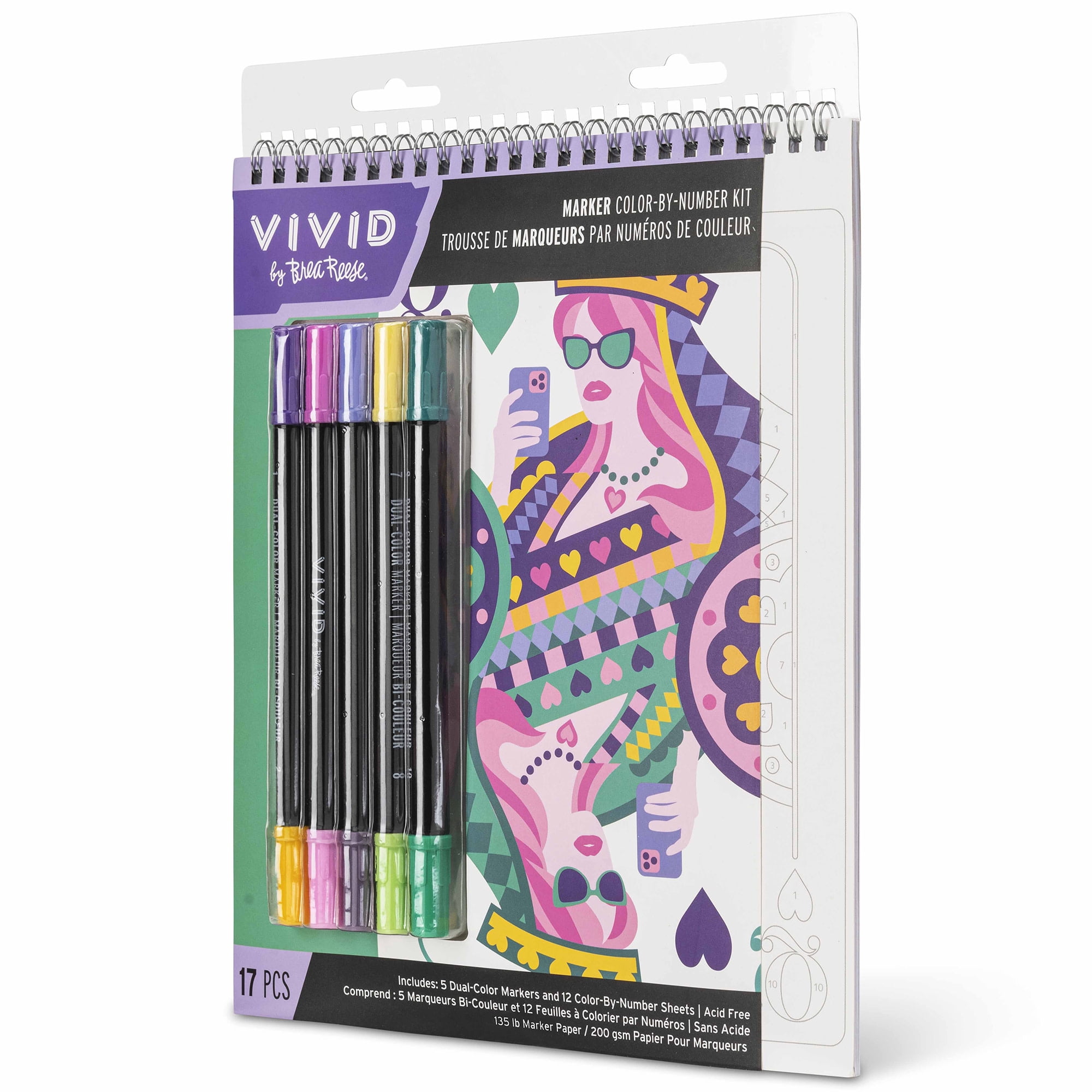 Vivid by Brea Reese: Marker Color-By-Number Kit - Queen of Hearts -5 Dual-Sided Markers, 12 Design Coloring Pages, Retro Vibrant Themed Spiral Art Pad