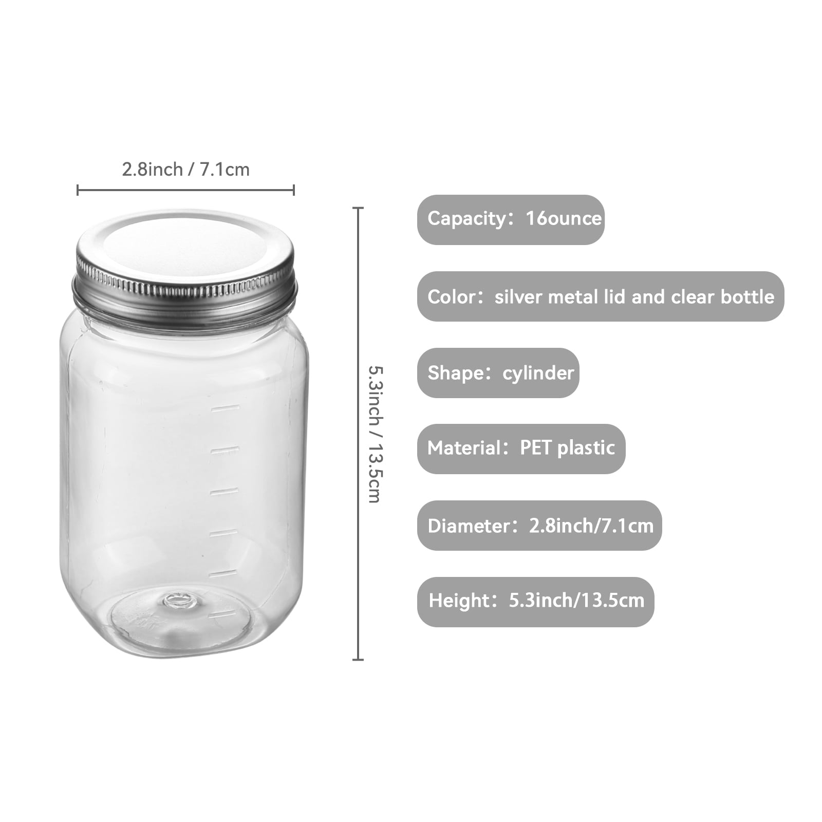 Novelinks 16 Ounce Plastic Jars with Lids Food Storage Containers 10 Pack Airtight Containers Clear Plastic Containers for Food - BPA Free,Silver