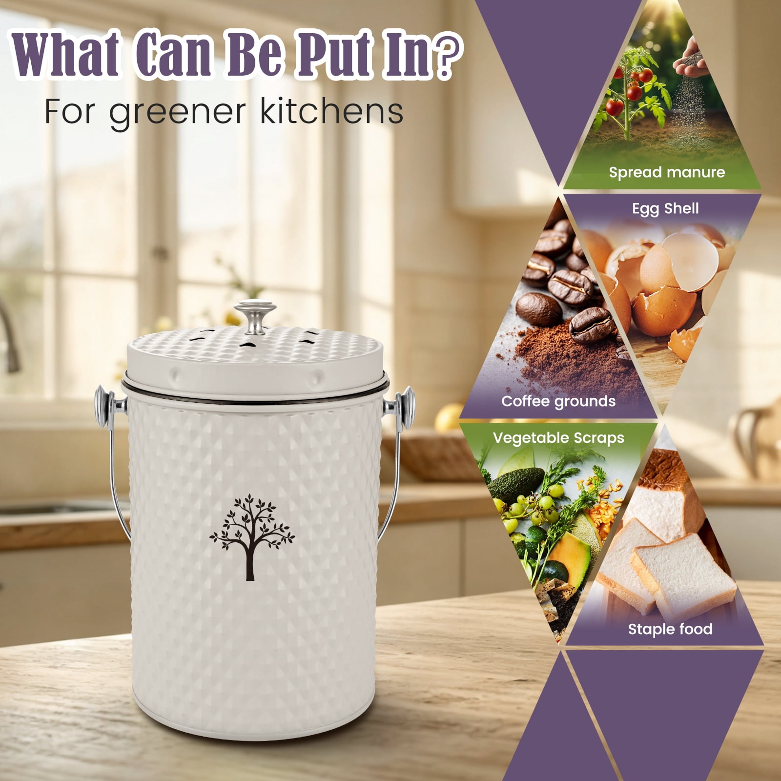 Countertop Compost Bin Kitchen,Odorless Indoor Compost Bin with Lid and Compost Bags,Compost Bucket Composter Container for Food Waste,Creamy White