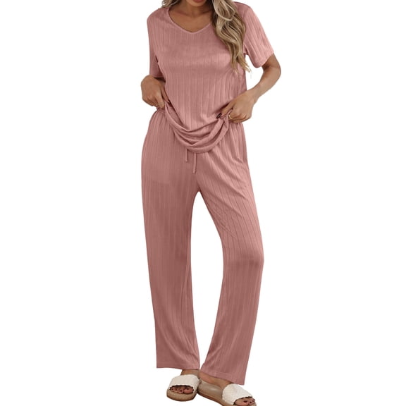 Qylux Women's Pajama Set Short Sleeve Adjustable Long Pants Sleepwear Set Soft Two Piece Matching Set with Pockets,Light Pink,(S-2XL)
