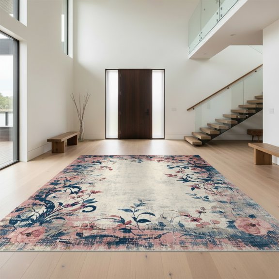 Design&I 8'x10' Washable Area Rug Vintage Botanical Floral Scroll With Distressed Leaf Accents for King Size Bedroom, Under Bed, Sleek Flatweave Pet Friendly