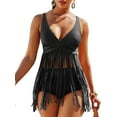 thumbnail image 1 of Pudcoco Ensembles de Bikini à Franges pour Femmes, Couleur Unie, Été, 2 Pcs, Débardeurs Sans Manches à Col en V Profond + String Taille Haute, 1 of 5