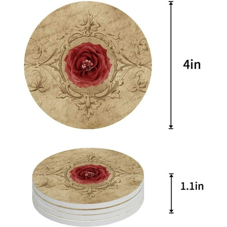 

ZHANZZK Red Flower and Gem Vintage Set of 4 Round Coaster for Drinks Absorbent Ceramic Stone Coasters Cup Mat with Cork Base for Home Kitchen Room Coffee Table Bar Decor