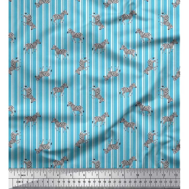 Soimoi Blue Rayon Fabric Stripe & Wild Animal Print Fabric by The Yard 42 Inch Wide