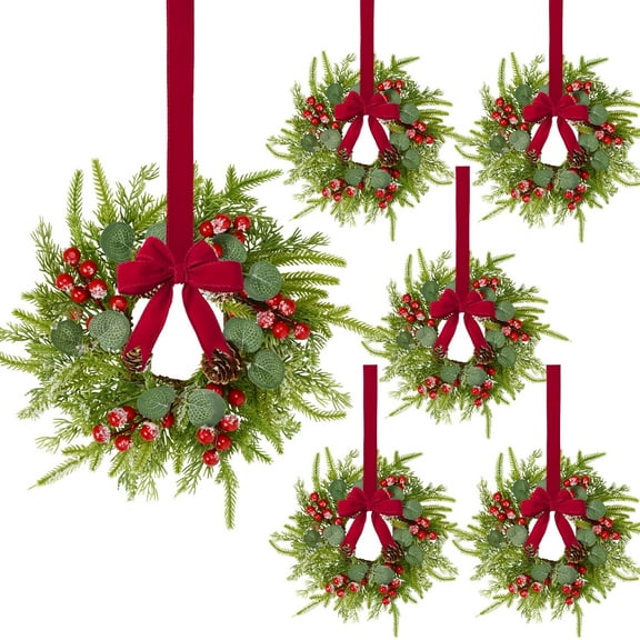 Grinzy 6 Pcs Small Christmas Wreath, Mini Wreaths for Cabinets, Christmas Wreaths for Windows Kitchen Front Door Candle Rings Fireplaces Table Centerpiece Indoor Outdoor Decorations