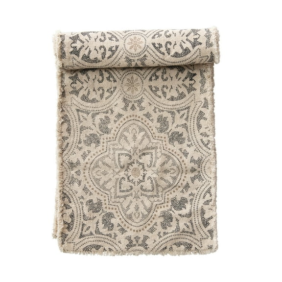 Bloomingville Grey and Cream Cotton Printed Table Runner with Frayed Edge