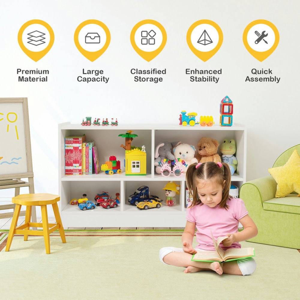 Canddidliike Kids 2-Shelf Bookcase 5-Cube Wood Toy Storage Cabinet Organizer-White, Toy Storage Organizer for Kids, Boys, Girls, Nursery