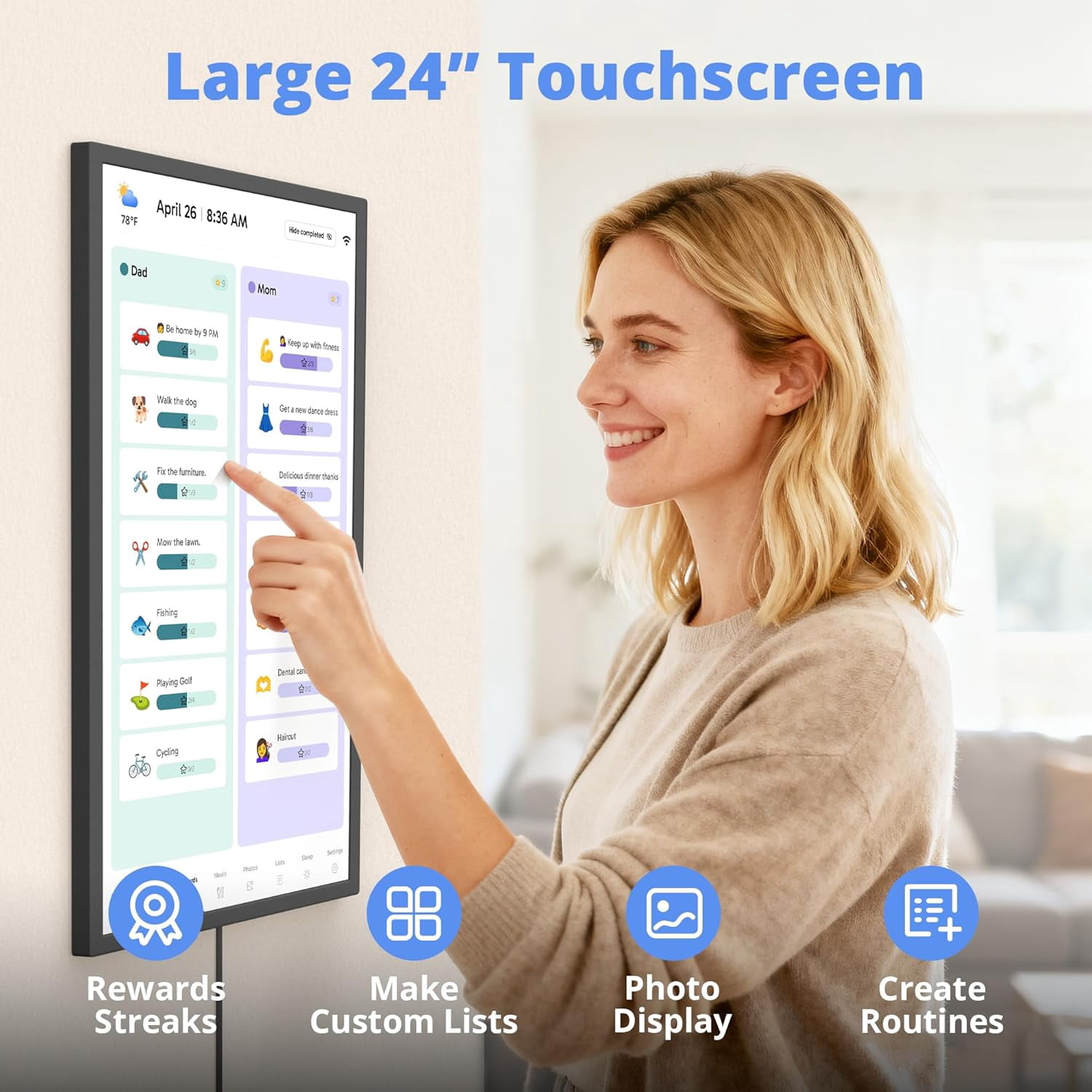 24 inch Digital Calendar Chore Chart – Interactive Touchscreen，Hearth Display Desk Digital Calendar Seamless Scheduling - Black