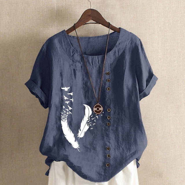 WILLBEST T-Shirt pour Femmes Col Roulé Rétro et en Lin Imprimé Ample à Manches Courtes Chemise Haut pour Dames