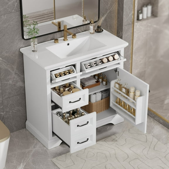 36-Inch Bathroom Vanity with Ceramic Sink Top, 4 Drawers and 1 Soft-Close Door, Freestanding Storage Cabinet with Metal Handles, White