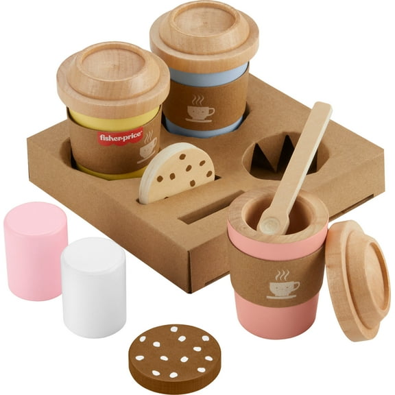 Fisher-Price Wooden Coffee To Go Set, 15-Piece Cafe Shop Playset Preschool Role-Play