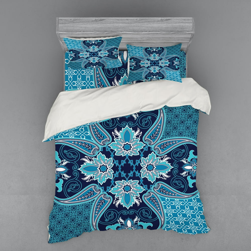 Navy Blue Duvet Cover Set, Floral Paisley Design Bohemian Style Vintage