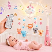 WonderStone Baby Musical Crib Mobile, Rotating Mobile with Timer, Lights & Music, Remote Control & Teether Rattles for Newborns, Pink