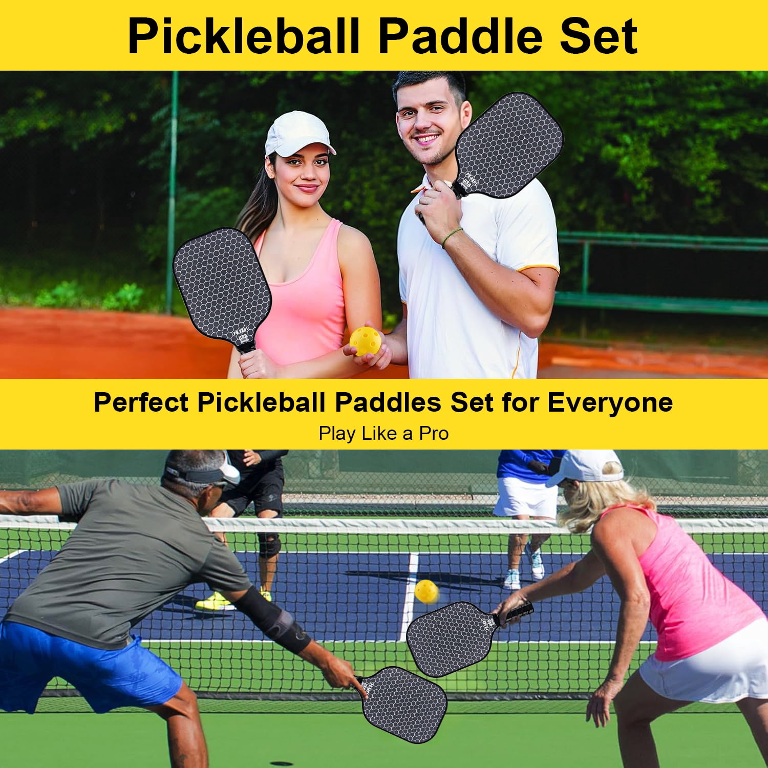 Zacenei Pickleball Paddles Set of 2,Fiberglass Pickle Ball Paddle,Lightweight Pickleball Rackets 2Pack for Adult Teenager w/ Balls,Bag,Professional Equipment for Beginners Intermediate,Black