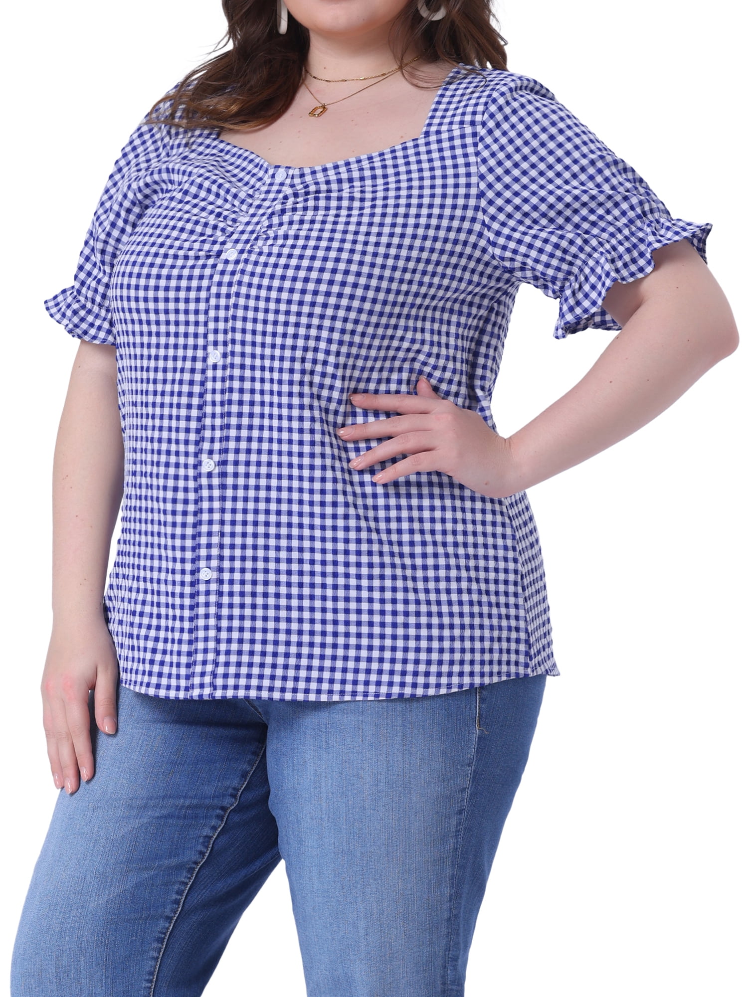 DARING DIVA Women's Plus Size Sweetheart V Neck Puff Short Sleeve Blouse 4X Royal Blue