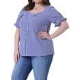 thumbnail image 2 of DARING DIVA Women's Plus Gingham Sweetheart V Neck Puff Short Sleeve Blouse 1X Royal Blue, 2 of 6