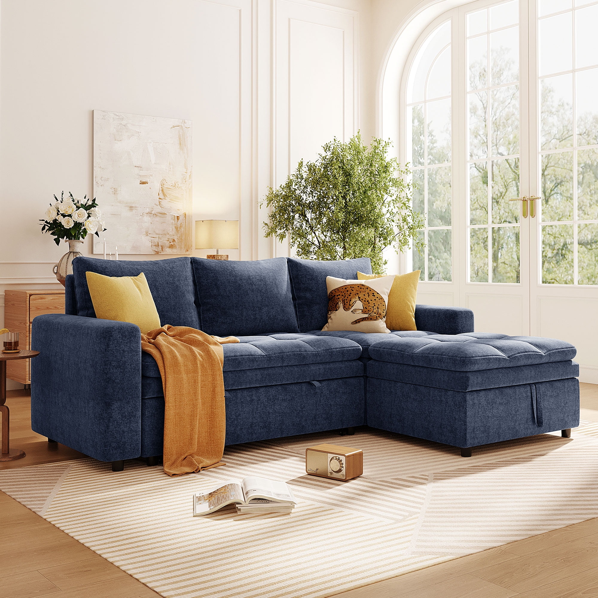 MAYEERTY Soft Upholstered Sectional Sofa Bed - Storage Included, Ideal for Living Rooms/Apartments,Blue