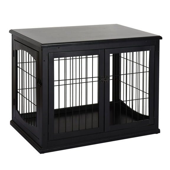 Wooden Dog Crate End Table - Double Door Dog Kennel Furniture for Small & Medium Dogs - Stylish Black Finish - 23"x32"x26"