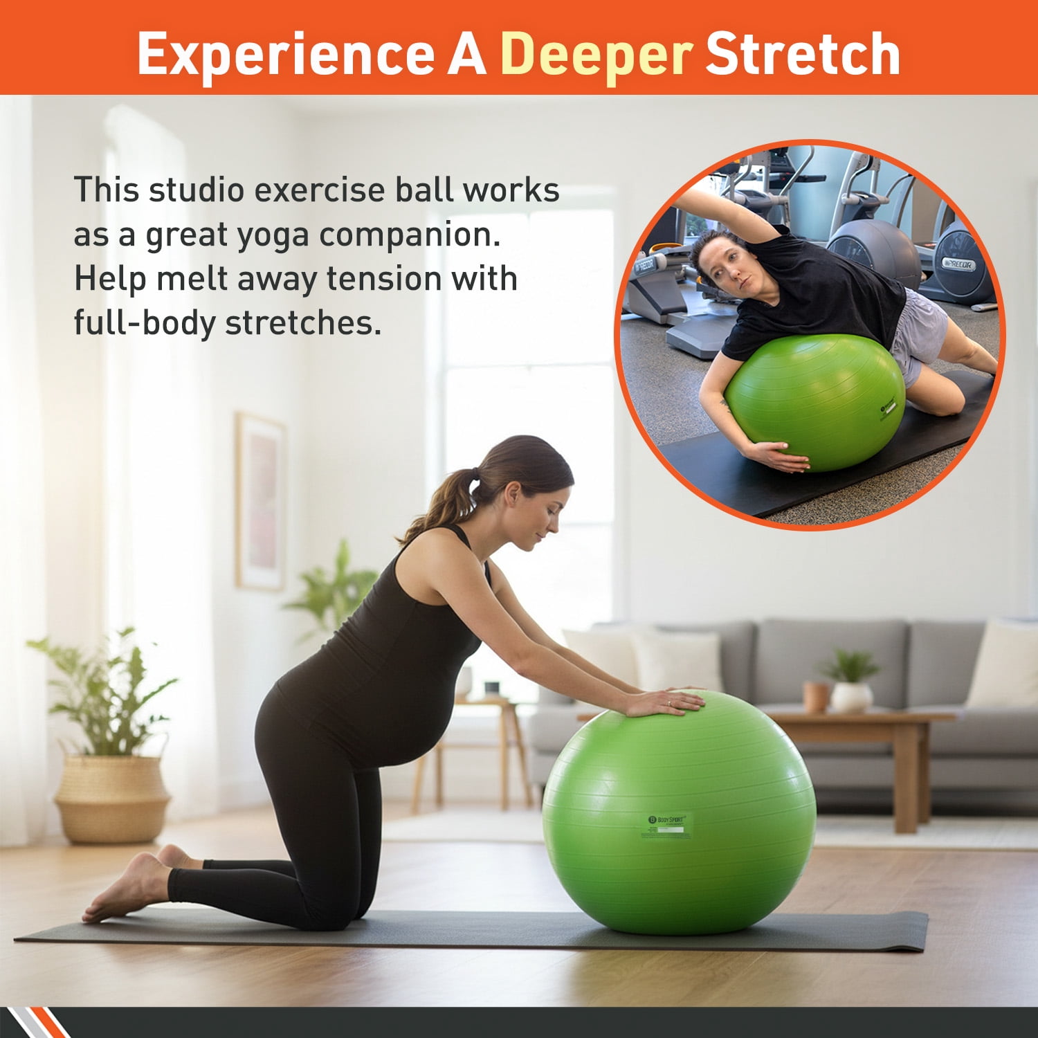 Body Sport Slow Release 65 cm. Exercise Ball with Pump for Home & Gym - Exercise Equipment for Yoga, Pilates, Stability, Pregnancy, and Core Training