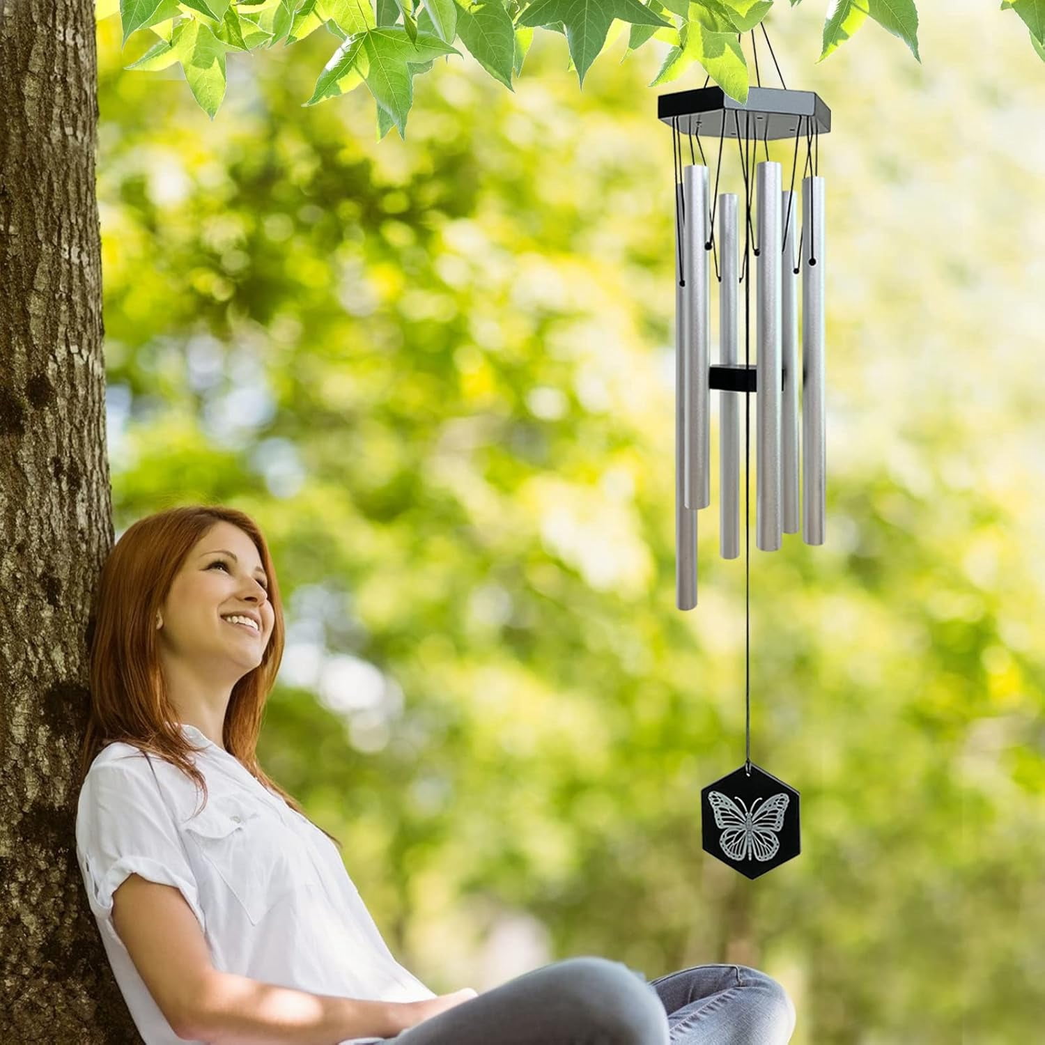 FONMY 33 inch Height Outdoor Butterfly Memorial Wind Chimes, Deep Tone Silver Large Windchimes for Garden Decor, Yard Art Decor