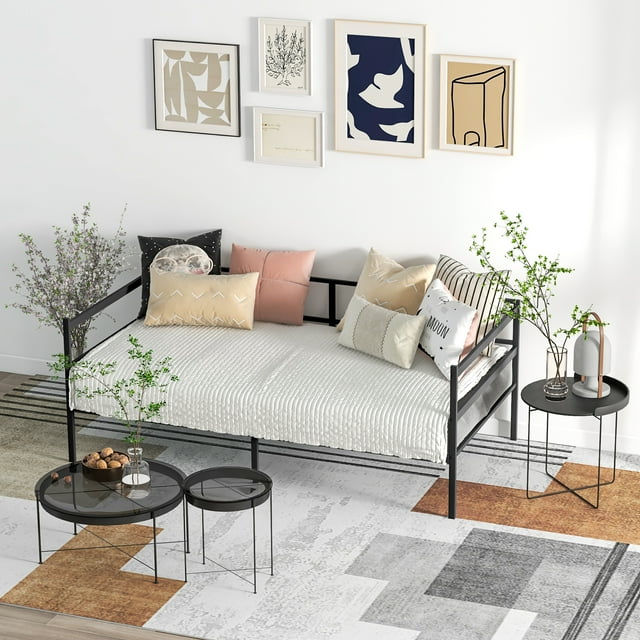 Giantex Cadre de Lit de Jour en Métal Format Simple, Cadre de Canapé-Lit Multifonction 2-en-1 avec Tête de Lit et Lattes en Acier Robustes, Base de Matelas Plateforme