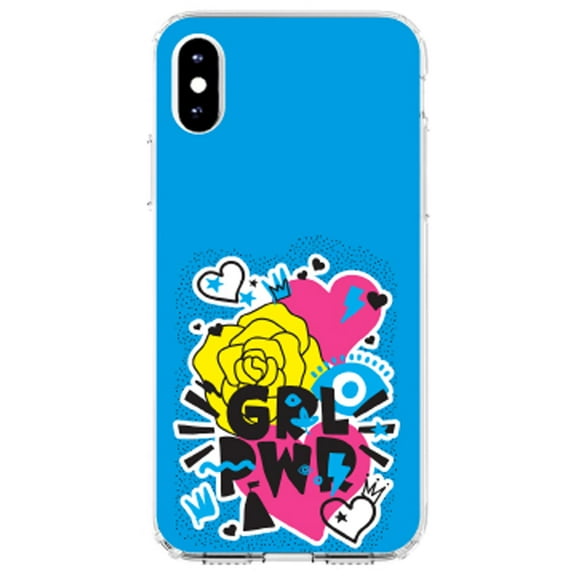 DistinctInk Clear Shockproof Hybrid Case for iPhone XR (6.1" Screen) - TPU Bumper, Acrylic Back, Tempered Glass Screen Protector - Girl Power - GRL PWR - Blue, Pink, Yellow