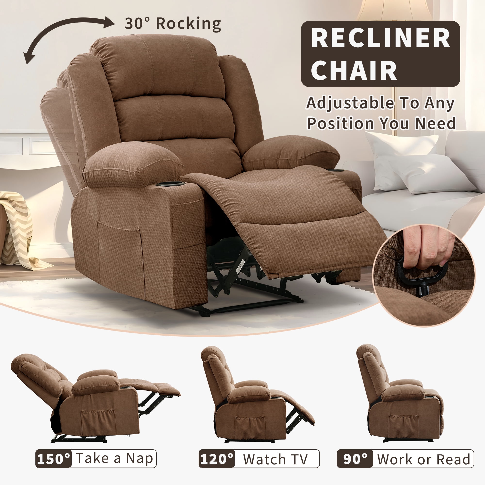 Wide Manual Recliner Chair for Adults, Oversized 37.4" Big & Tall Recliner with 3 Angle Modes, Breathable Chenille Fabric, 2 Cup Holders, Side Pockets, Heavy-Duty, 350 Lbs Capacity