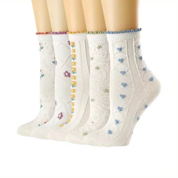 5 Pairs Women's Ruffle Socks, Cute Casual Dress Floral Ankle Socks, Breathable Cool Casual Cotton Cute Socks, for Women and Teen Girls Gift