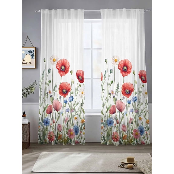 Red Poppy Flower Sheer Curtains for Living Room Bedroom Blue Blooms Floral Country Boho Daisy Sheer Curtains 96 Inch Long 2 Panels Set Light Filtering Curtain Window Treatments Drapes for Dining Room