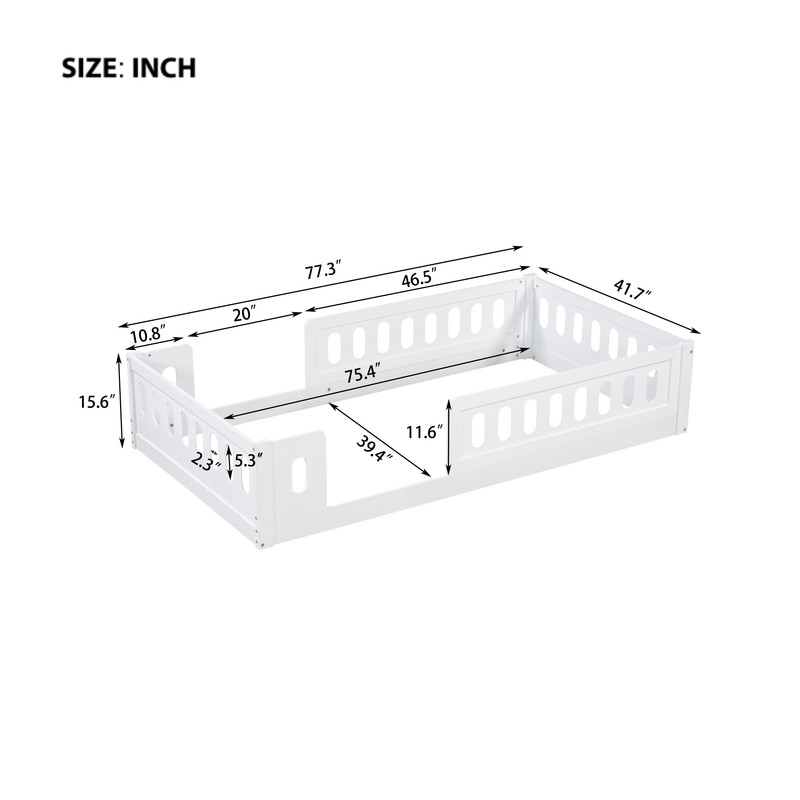 Twin Size Low Profile Platform Bed with Guardrails, Wooden Montessori Kids Floor Bed without Support Slat