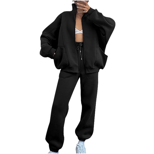 Timegard Sweatsuits for Women 2 Piece Sets Oversized Zip up Long Sleeve Jackets with Pockets Drawstring Elastic Waist Pants