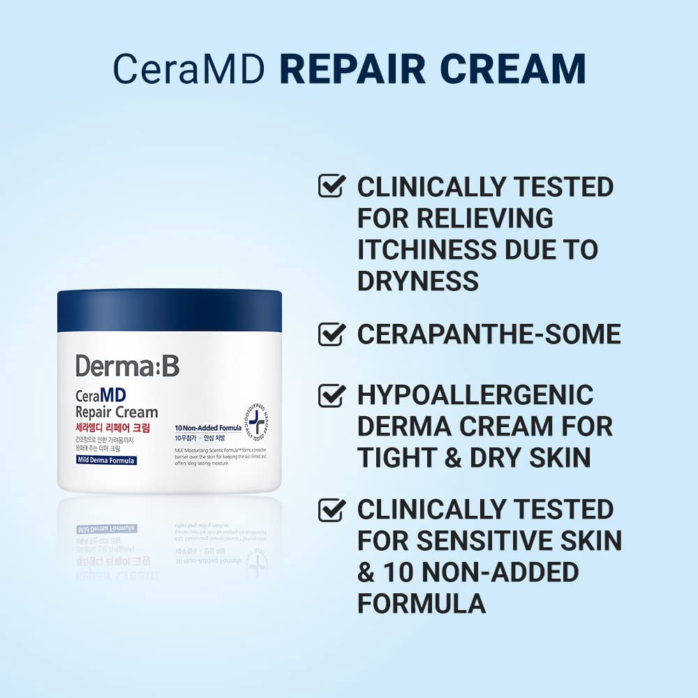 DERMA B CeraMD Repair Body Cream, Unscented Moisturizer for Dry and Rough Sensitive Skin, Relieves Itchiness due to Dryness, Fragrance-Free Moisturizing Korean Skincare, 14.54 Fl. Oz., 430ml, Kbeauty