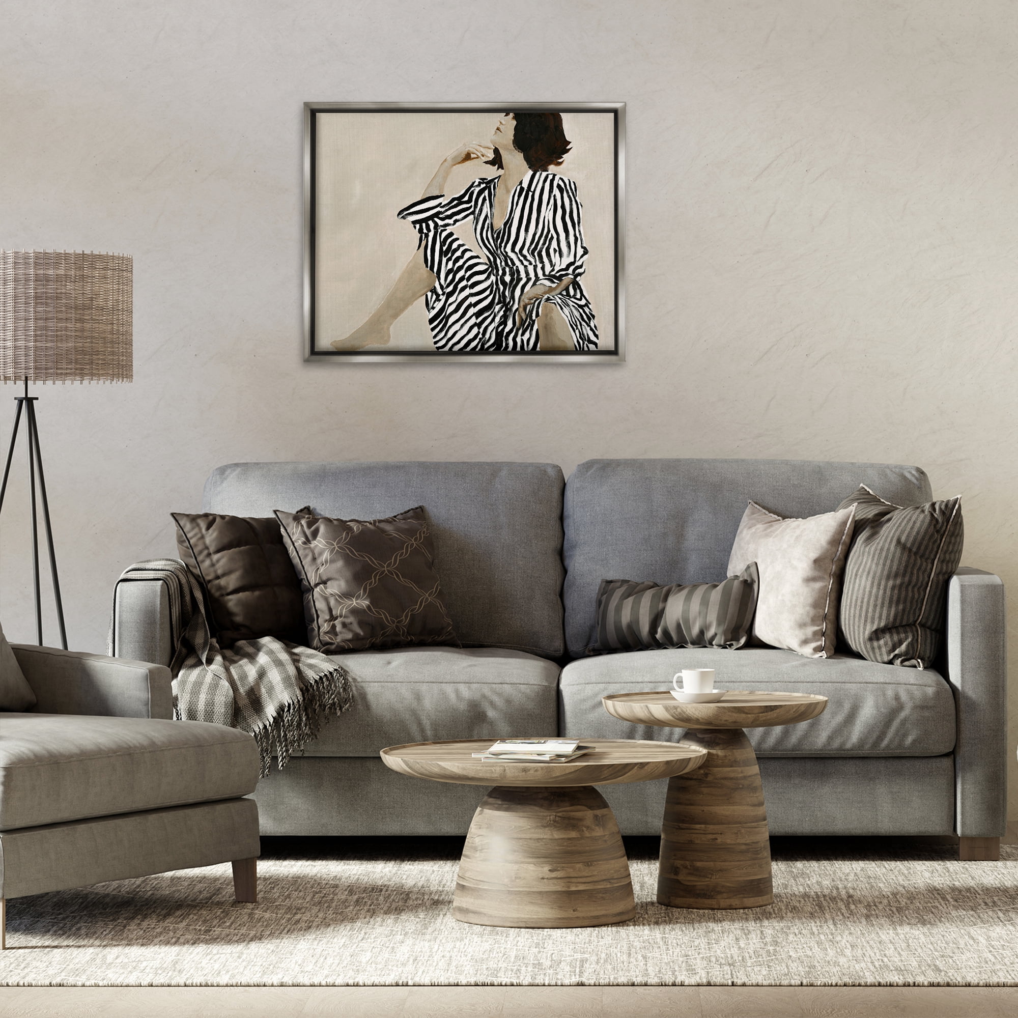 Stupell Industries Stylish Woman in Thought People Painting Gray Floater Framed Canvas Art Print Wall Art, 31 x 25