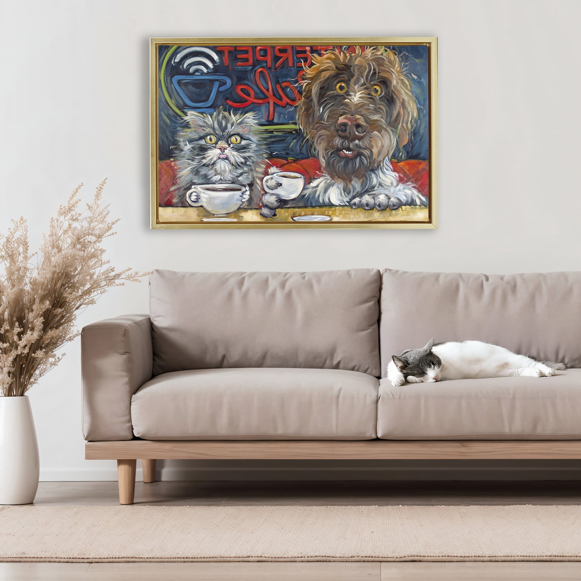 Stupell Industries Pets Wired At The Cafe Gold Framed Floater Canvas Wall Art, design by CR Townsend
