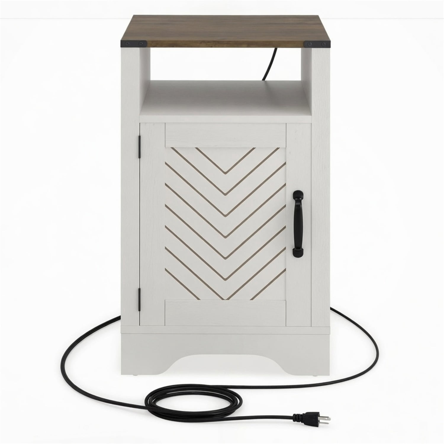 Hommoo 16" Farmhouse Nightstand Bedsude Tabke Sofa End Table with Charging Station & Shelf Storage, White & Rustic Oak