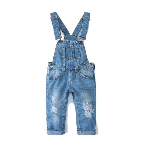 KIDSCOOL SPACE Salopette en Jean Déchirée Mignonne Coupe Ajustée pour Petite Fille Garçon, 3-4 Ans