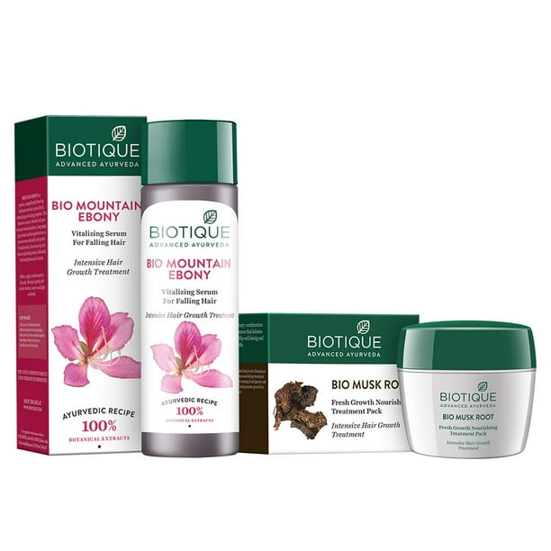 Biotique Bio Mountain Ebony Vitalizing Serum for Falling Hair Intensive Hair Growth Treatment, 120ml and Biotique Bio Musk Root Fresh Growth Nourishing Treatment, 230g (Pack of 2) Biotique Bio Mountain Ebony Vitalizing Serum for Falling Hair Intensive Hair Growth Treatment, 120ml and Biotique Bio Musk Root Fresh Growth Nourishing Treatment, 230g (Pack of 2)