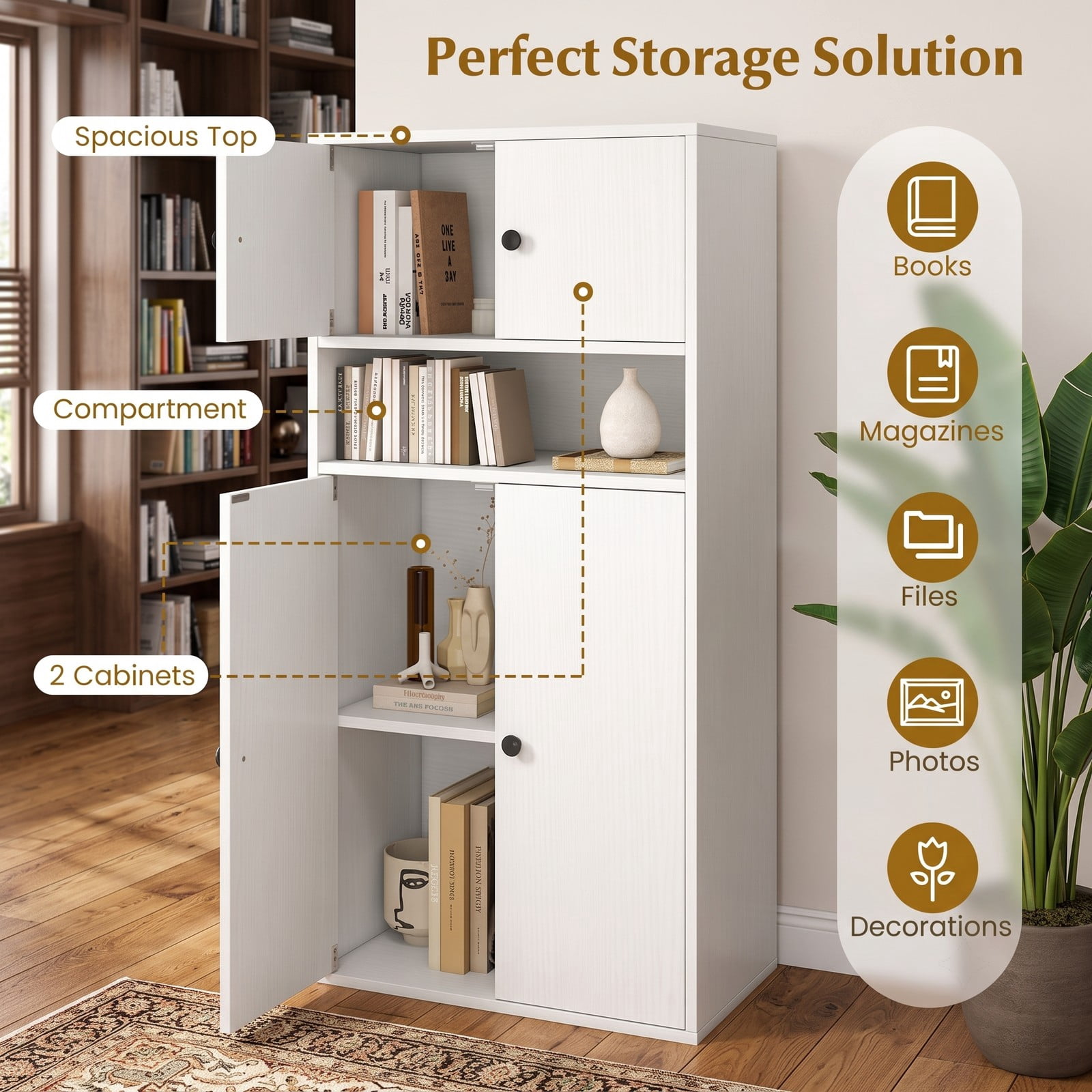 Furnibear 44 Inch Tall Bookshelf with Doors and Adjustable Shelf, Wood Storage Bookcase Cabinet with 2 Enclosed Cabinets and Open Compartment for Home Office, White