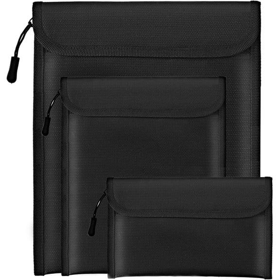 Fireproof Waterproof Document Bag 3-Pack Black 2000℉ Money Bag for Cash Passports ID Cards Social Security Card Protector Waterproof Zipper Pouch Fire Proof Bank Bag Document Holder