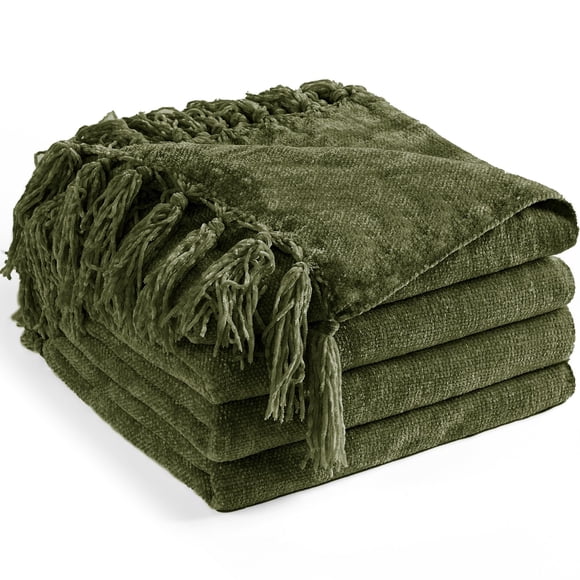 LONG CREATE Chenille Throw Blanket for Couch 60"X 80" Twin, Soft Cozy Throw Blanket with Fringe Tassel for Bed Sofa Chair, Lightweight Knitted Decorative Farmhouse Boho Blanket for Gift,Olive Green