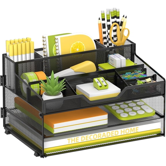 3-Tier Mesh Desk Organizer – Letter Tray with Pen Holder & 5 Adjustable Compartments, Black