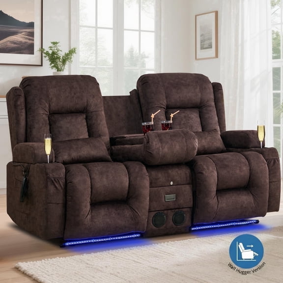IPKIG Wall Hugger Power Recliner Loveseat with Massager, Heater, Bluetooth, LED Lights & Console, Velvet Brown Home Theater Seating Sofa