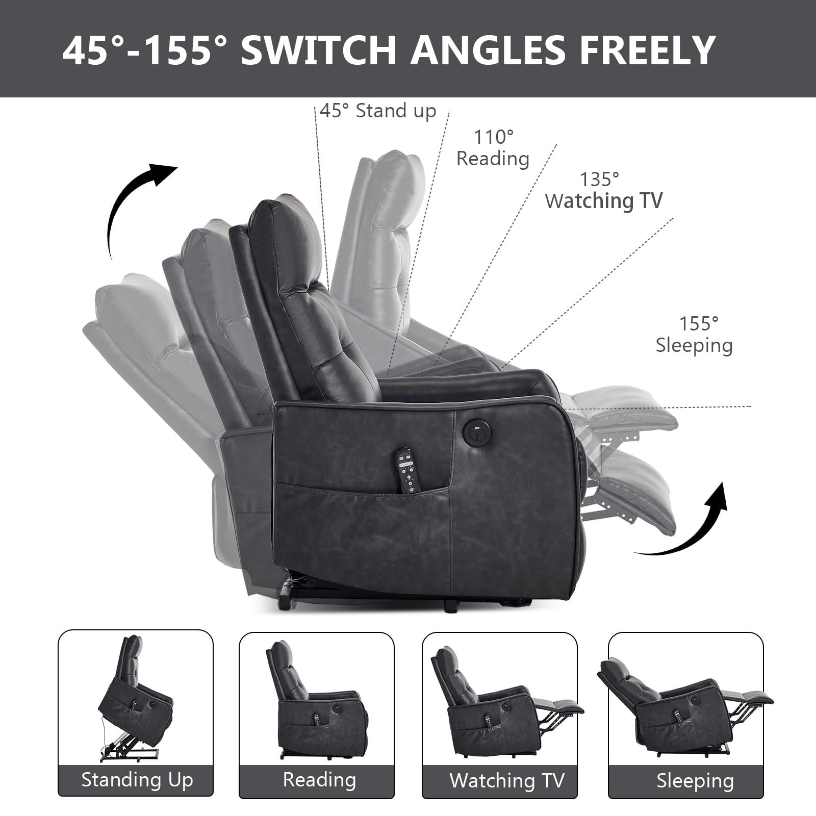MAYEERTY Grey PU Leather Power Lift Recliner Chair, Massage Heat USB Port 25"x36"x39" for Elderly