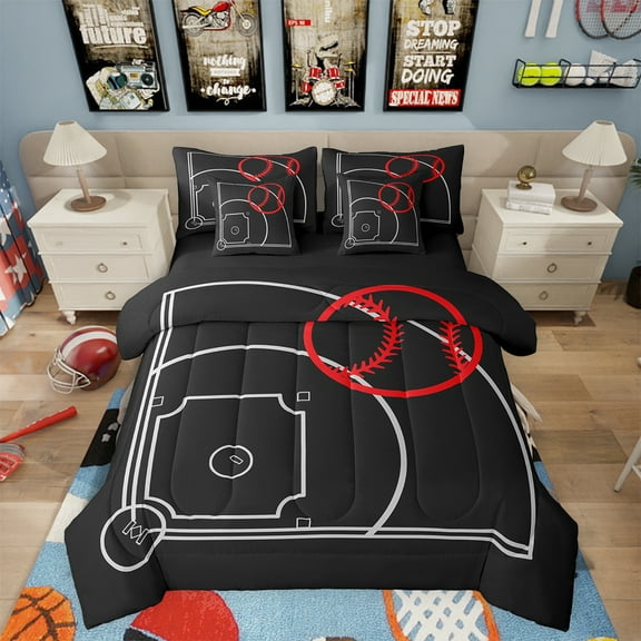 7 Piece Baseball Twin Bed in a Bag Sports Bedding Sets Teen Baseball Field Print Comforter Set with Sheets Baseball Game Themed Bed Set Sports Game Sheets