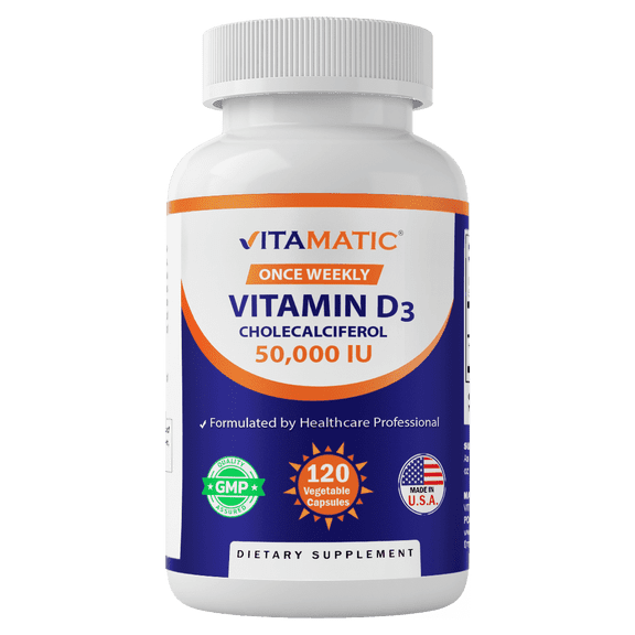 Vitamatic Vitamin D3 50,000 IU (as Cholecalciferol), Once Weekly Dose, 1250 mcg, 120 Veggie Capsules, Progressive Formula Helping Vitamin D Deficiencies