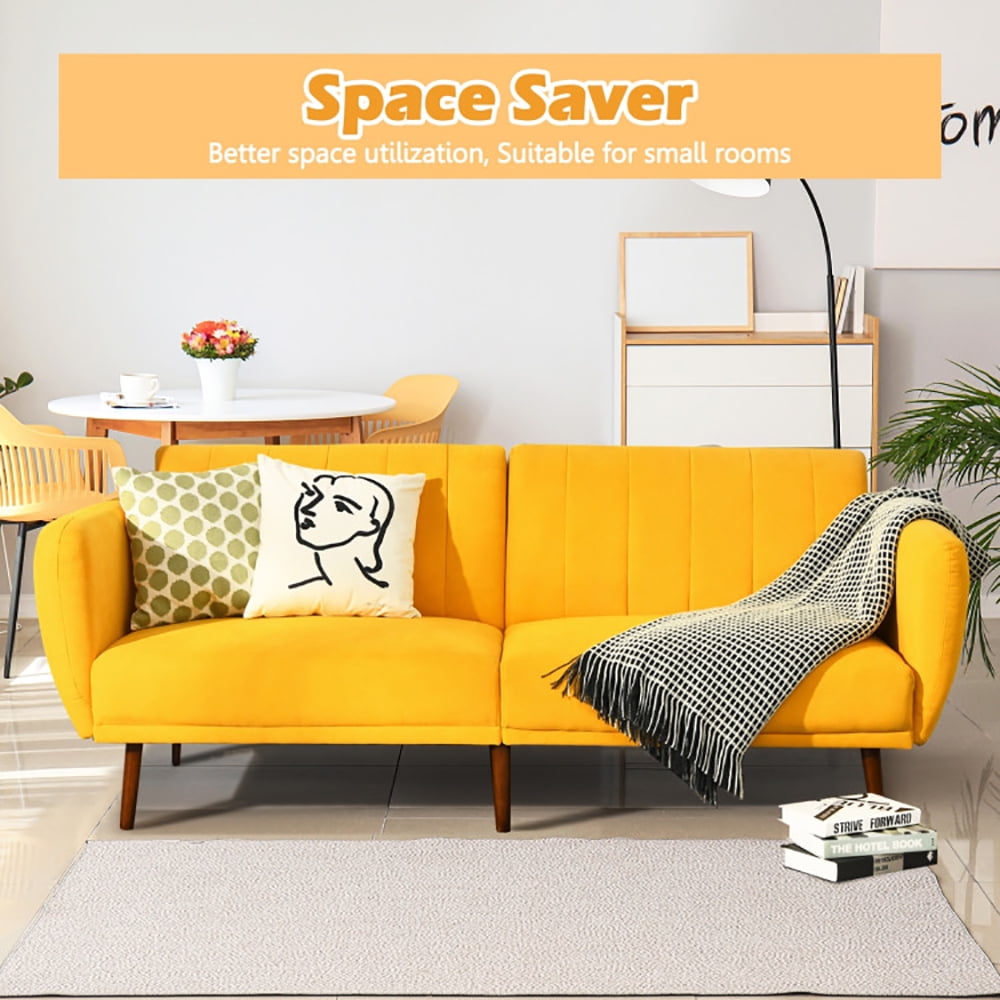 Finihen Convertible Futon Sofa Bed, Modern Convertible Sleeper Couch, Adjustable Couch Sleeper with Wood Legs, for Studio, Apartment, Office, Small Space, Living Room, Bedroom, Yellow
