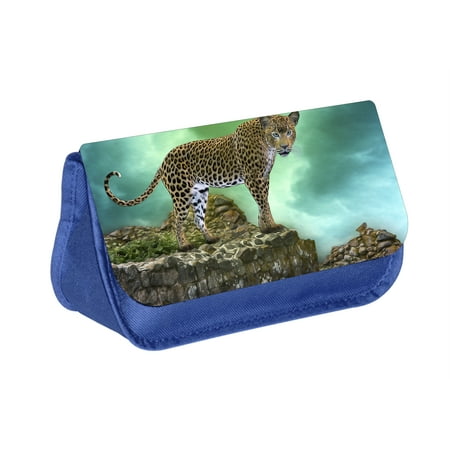 - Leopard - Blue Medium Sized Makeup Bag with 2 Zippered Pockets and Velcro Closure